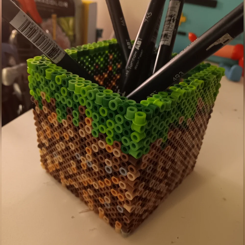 Minecraft Grass Block Pencil Holder- Perler Bead Pen Cup
